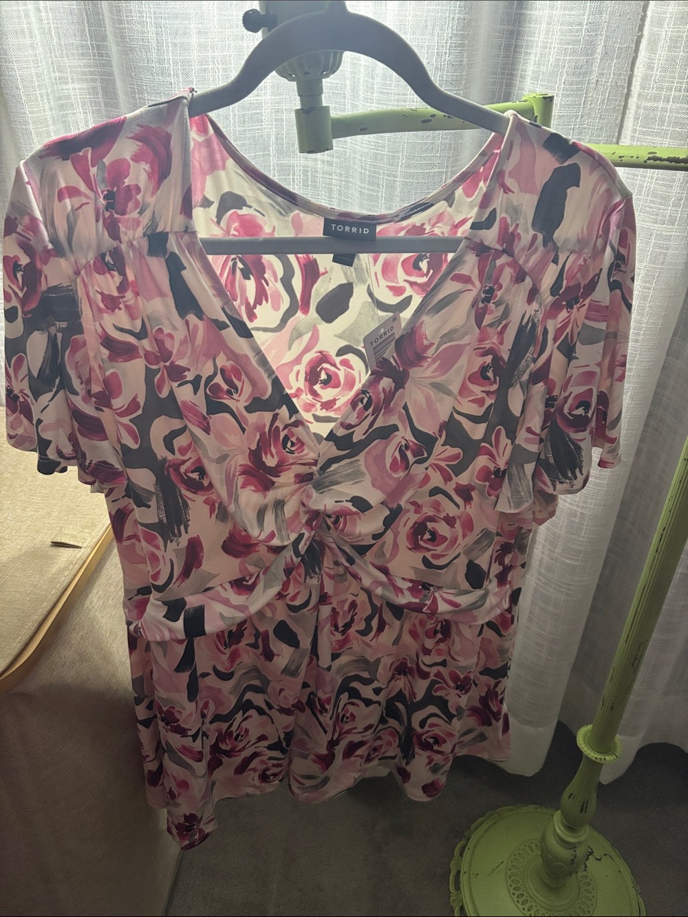 torrid Pink Floral Twist-Front V-Neck Blouse
